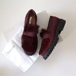 Women's Burgundy Fur Loafers Sz 38